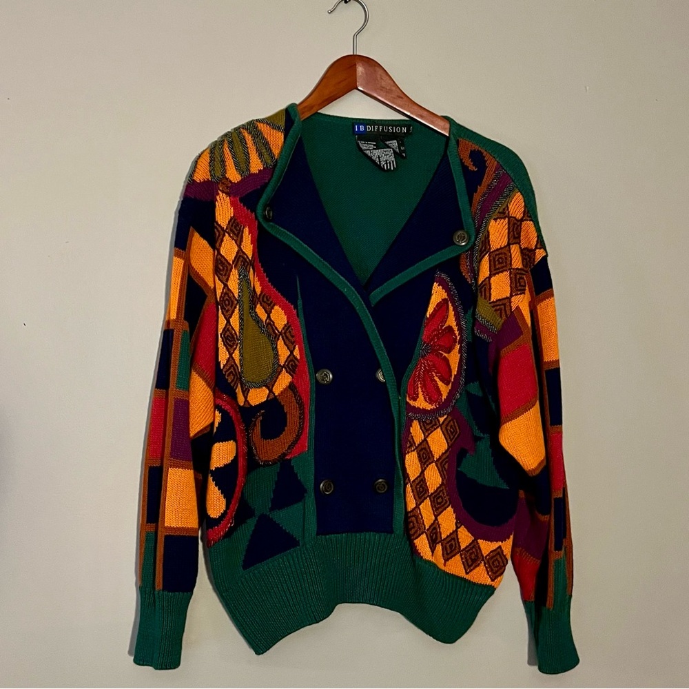 Vintage 90s I.B. Diffusion Colorful Geometric Grandma Core Cardigan Sweater L - Picture 2 of 12